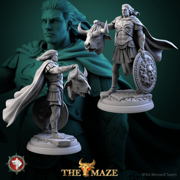 Theseus 32mm and 75mm heroic miniature pre-supported + dnd 5e stats block image