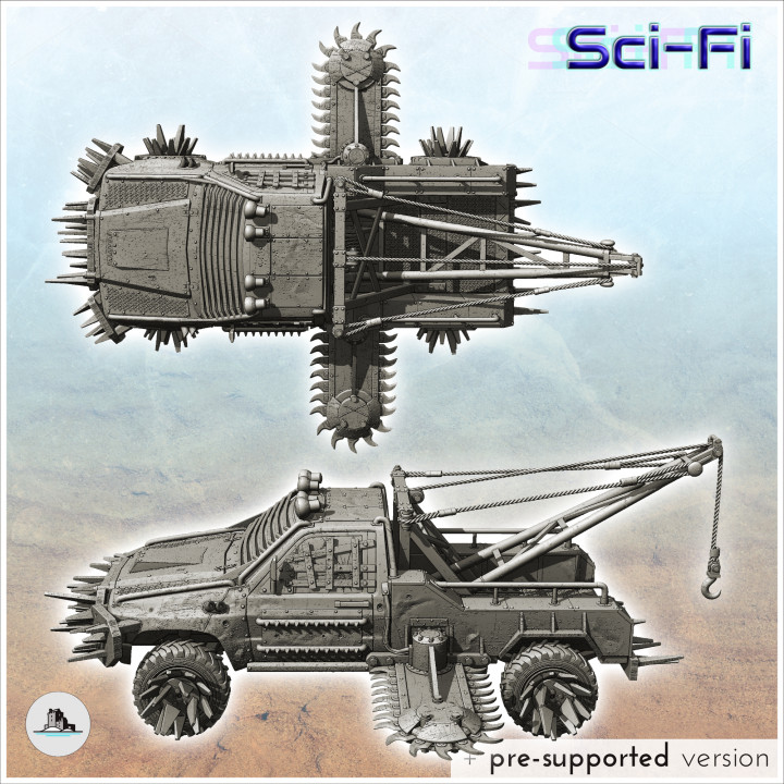 Apocalyptic pickup with side saw and lifting crane (21) - Future Sci-Fi SF Post apocalyptic Tabletop Scifi image