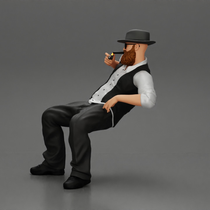 gagnster homie in beard and hat sitting holding lighter cigar while smoking image