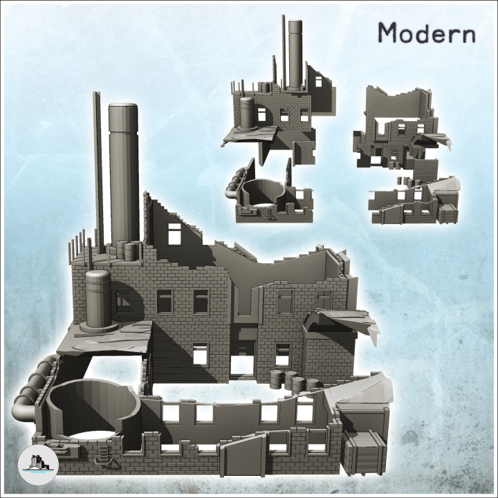 Modern brick factory with large chimney and access arch (destroyed version) (3) - Modern WW2 WW1 World War Diaroma Wargaming RPG Mini Hobby