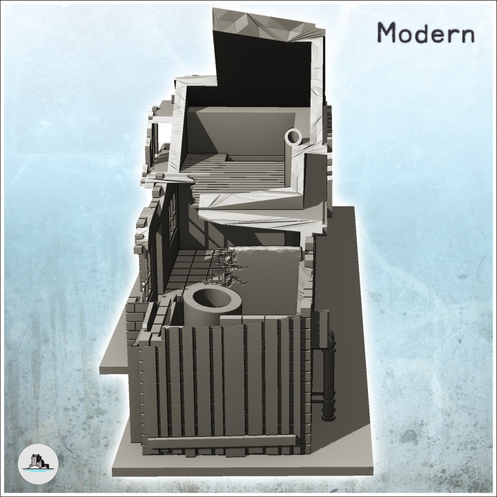 Two-storey brick factory with chimney and steel beam (destroyed version) (6) - Modern WW2 WW1 World War Diaroma Wargaming RPG Mini Hobby