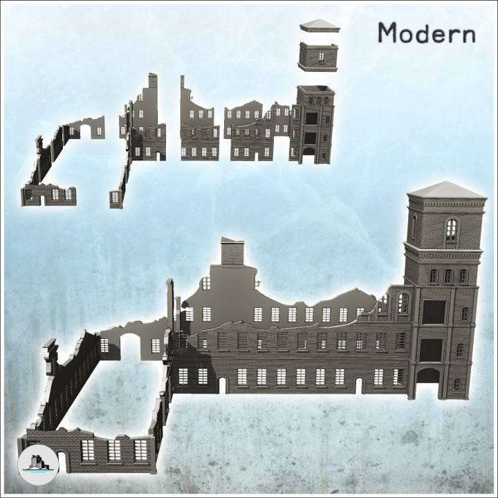 Large modern multi-storey brick industrial plant with chimney (destroyed version) (14) - Modern WW2 WW1 World War Diaroma Wargaming RPG Mini Hobby image