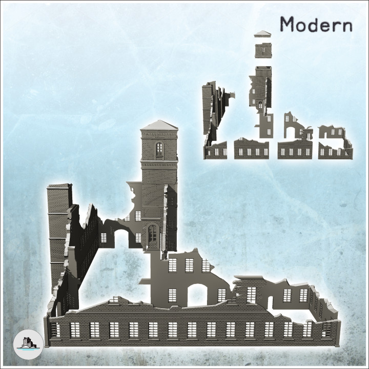 Large modern multi-storey brick industrial plant with chimney (destroyed version) (14) - Modern WW2 WW1 World War Diaroma Wargaming RPG Mini Hobby image