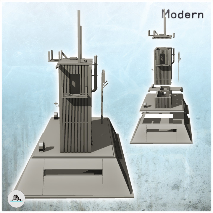 Protective bunker with elevated building, panel and antennas (17) - Modern WW2 WW1 World War Diaroma Wargaming RPG Mini Hobby