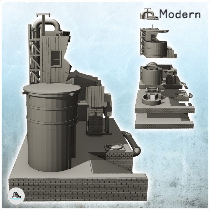 Brick industrial plant on platform with auxiliary tank and pipes (ruined version) (18) - Modern WW2 WW1 World War Diaroma Wargaming RPG Mini Hobby