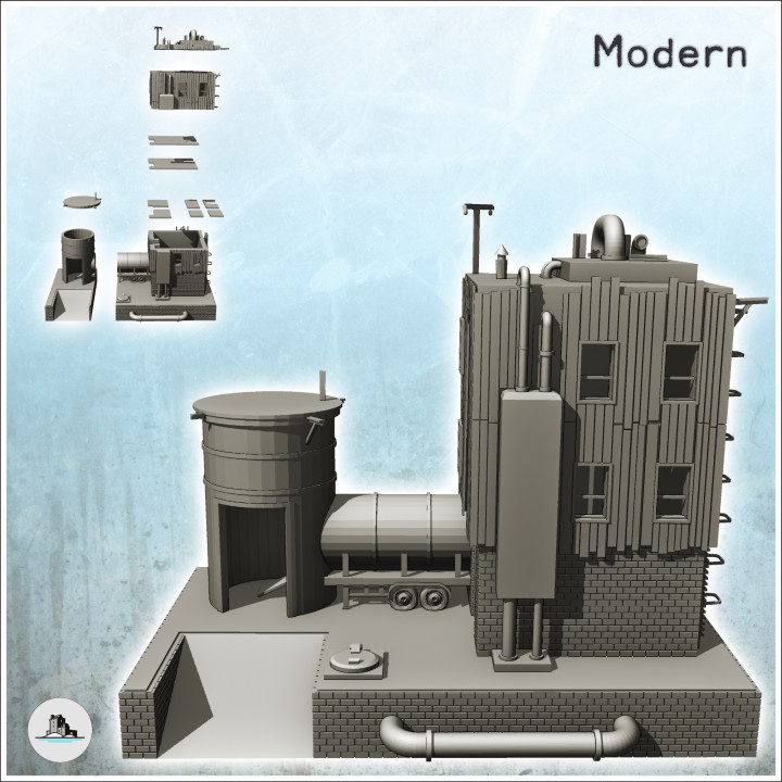 Brick industrial plant on platform with auxiliary tank and pipes (intact version) (19) - Modern WW2 WW1 World War Diaroma Wargaming RPG Mini Hobby