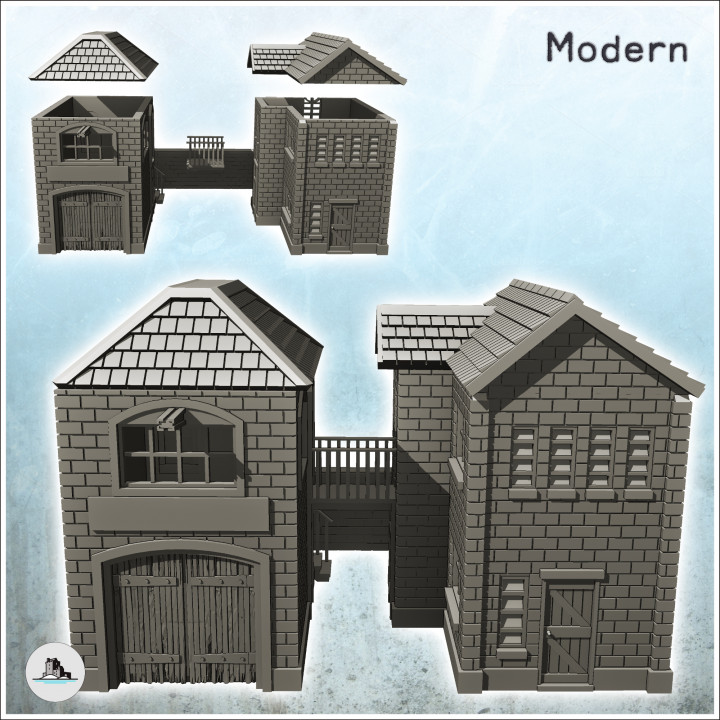 Brick industrial buildings with walkway and low wall (23) - Modern WW2 WW1 World War Diaroma Wargaming RPG Mini Hobby image