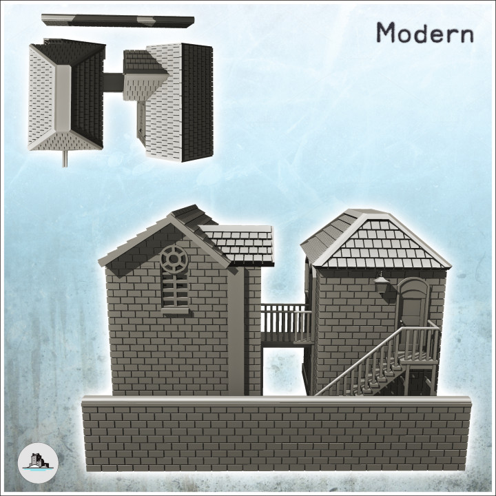 Brick industrial buildings with walkway and low wall (23) - Modern WW2 WW1 World War Diaroma Wargaming RPG Mini Hobby image