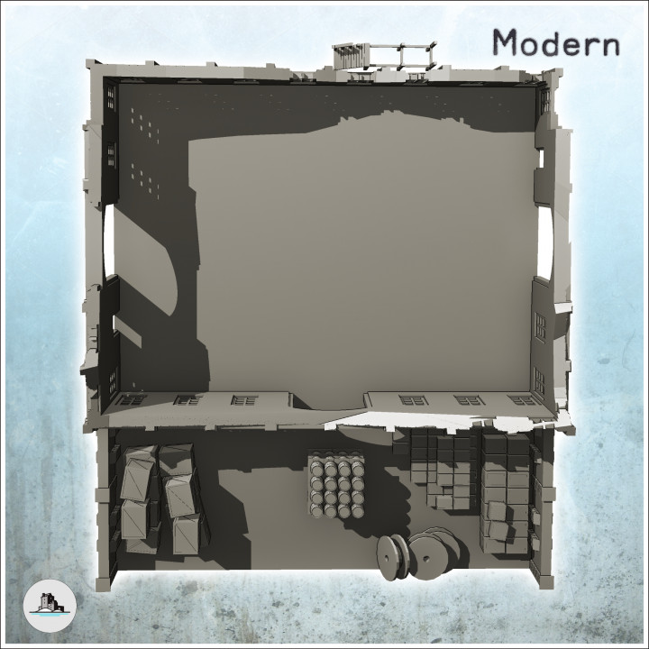 Large multi-storey brick industrial warehouse with outdoor storage area (ruined version) (26) - Modern WW2 WW1 World War Diaroma Wargaming RPG Mini Hobby