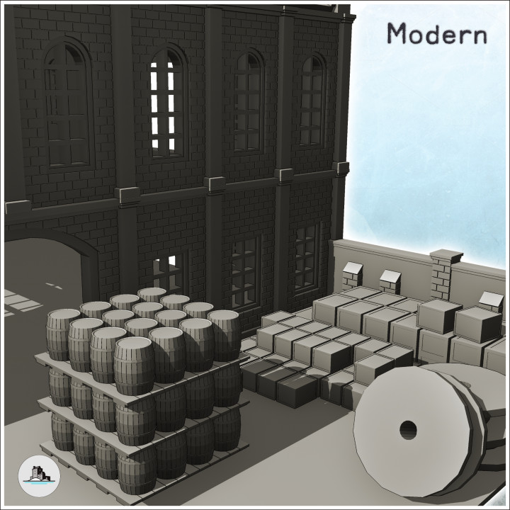 Large multi-storey brick industrial warehouse with outdoor storage area (intact version) (27) - Modern WW2 WW1 World War Diaroma Wargaming RPG Mini Hobby