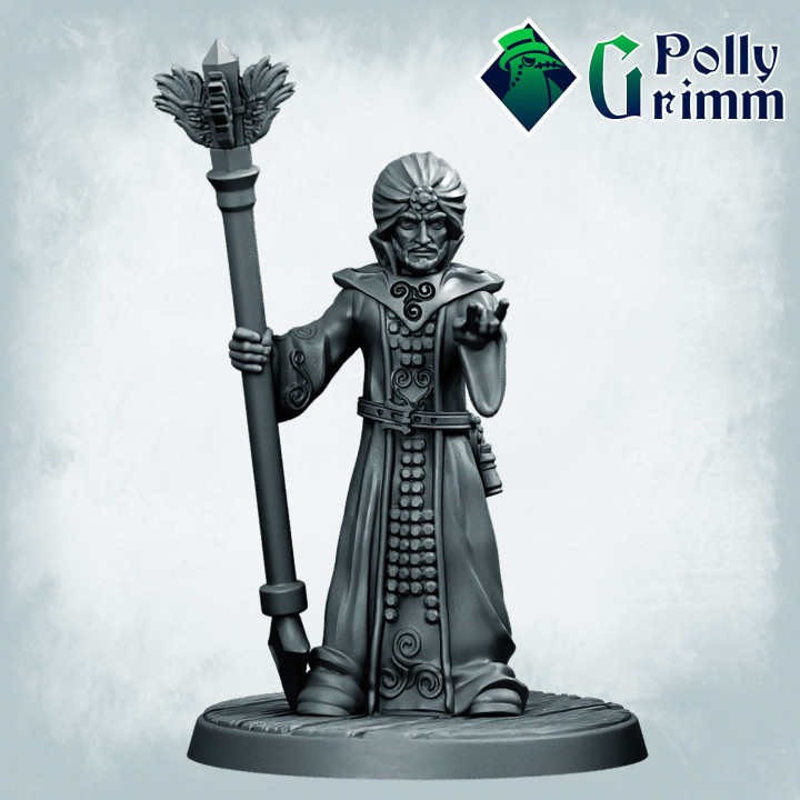 Fantasy miniatures for tabletop games. Elemental mages set. Air, fire and earth wizards