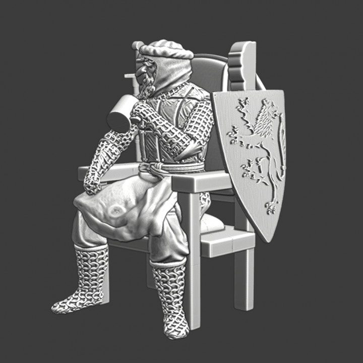 Old medieval knight sitting and drinking