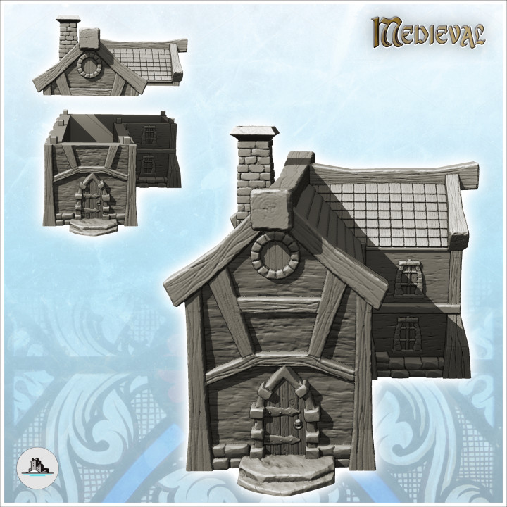 Medieval corner house with fireplace and round dormer (4) - Medieval Gothic Feudal Old Archaic Saga 28mm 15mm