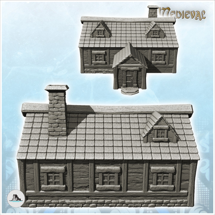 Medieval house with annex entrance and roof windows (6) - Medieval Gothic Feudal Old Archaic Saga 28mm 15mm