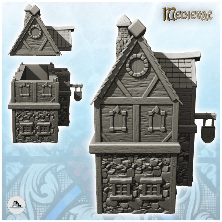 Medieval store with stone base and storey (8) - Medieval Gothic Feudal Old Archaic Saga 28mm 15mm