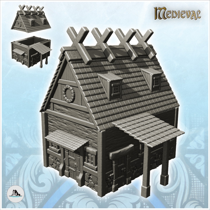 Medieval building with side awning and wooden motifs on roof (9) - Medieval Gothic Feudal Old Archaic Saga 28mm 15mm image
