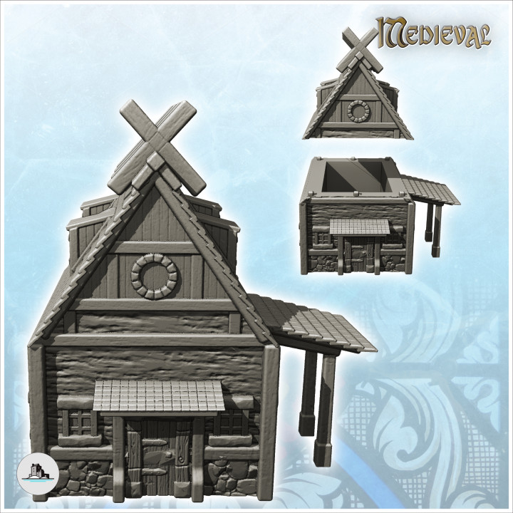 Medieval building with side awning and wooden motifs on roof (9) - Medieval Gothic Feudal Old Archaic Saga 28mm 15mm image