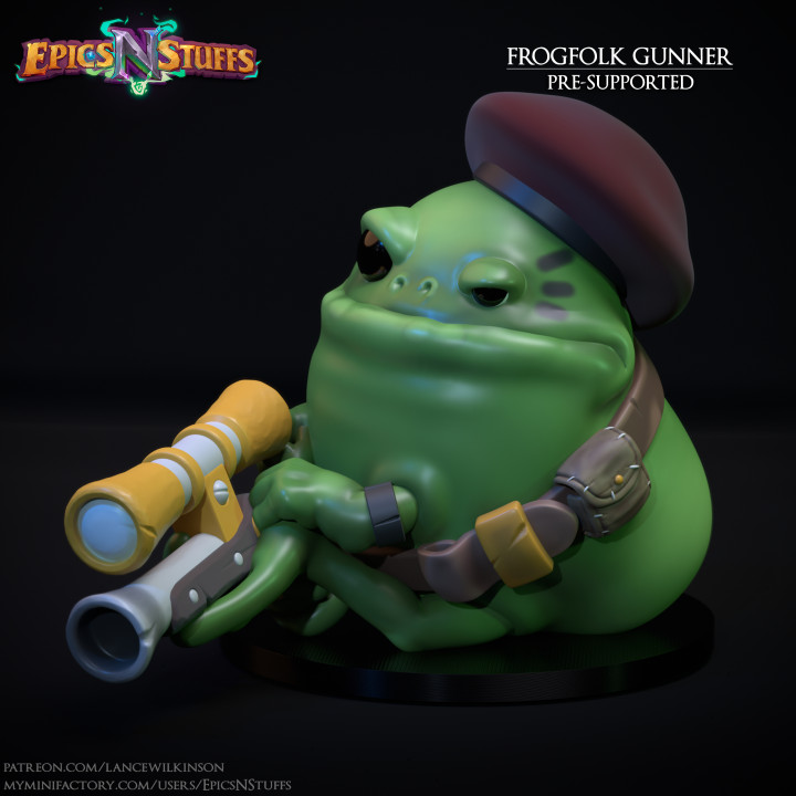 Frogfolk Gunner Miniature, Pre-Supported image