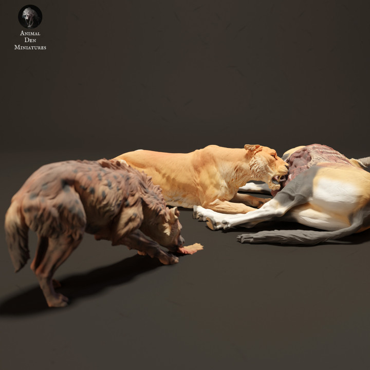 3D Printable Lionesses vs Spotted Hyenas by Animal Den Miniatures
