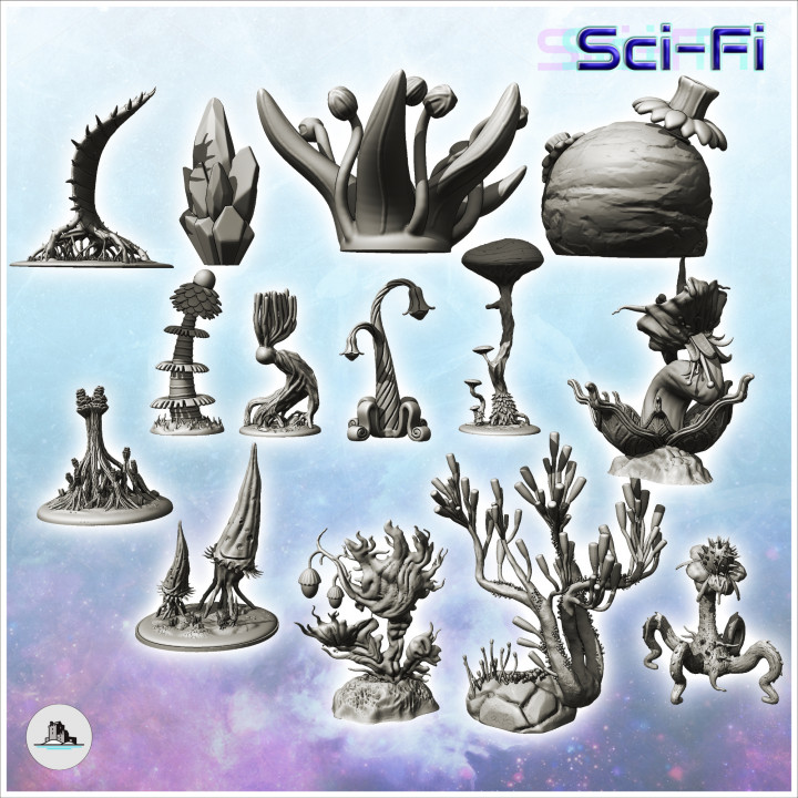 Set of alien mushroom plants (6) - Future Sci-Fi SF Post apocalyptic Tabletop Scifi Wargaming Planetary exploration RPG Terrain image
