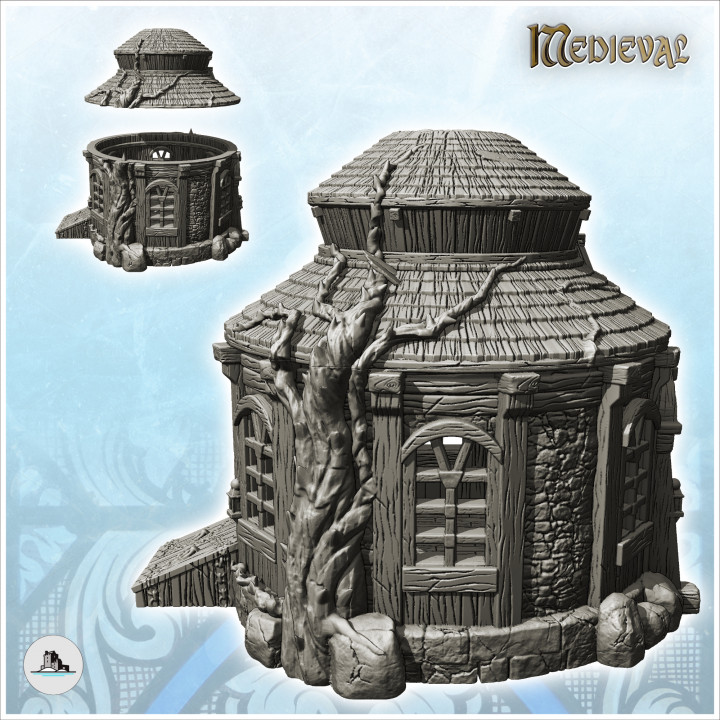 Round medieval house with double roof and tree barter (26) - Medieval Gothic Feudal Old Archaic Saga 28mm 15mm image