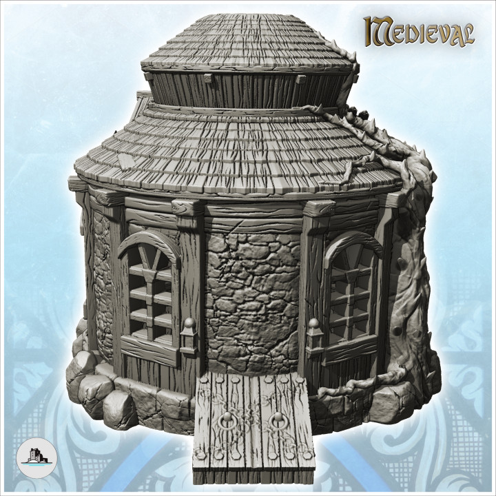 Round medieval house with double roof and tree barter (26) - Medieval Gothic Feudal Old Archaic Saga 28mm 15mm image
