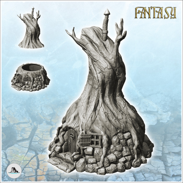 Medieval fantasy house in a tree trunk with stone base (27) - Medieval Gothic Feudal Old Archaic Saga 28mm 15mm image