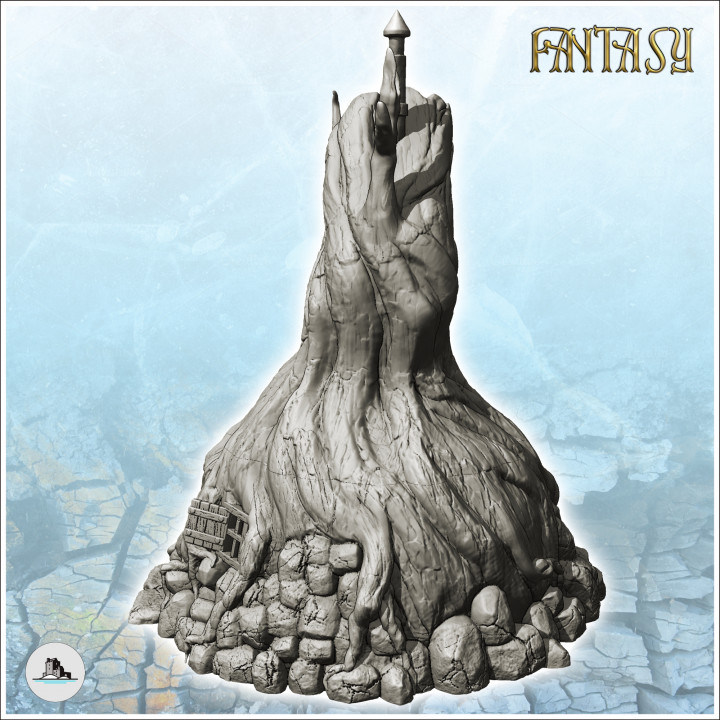 Medieval fantasy house in a tree trunk with stone base (27) - Medieval Gothic Feudal Old Archaic Saga 28mm 15mm image