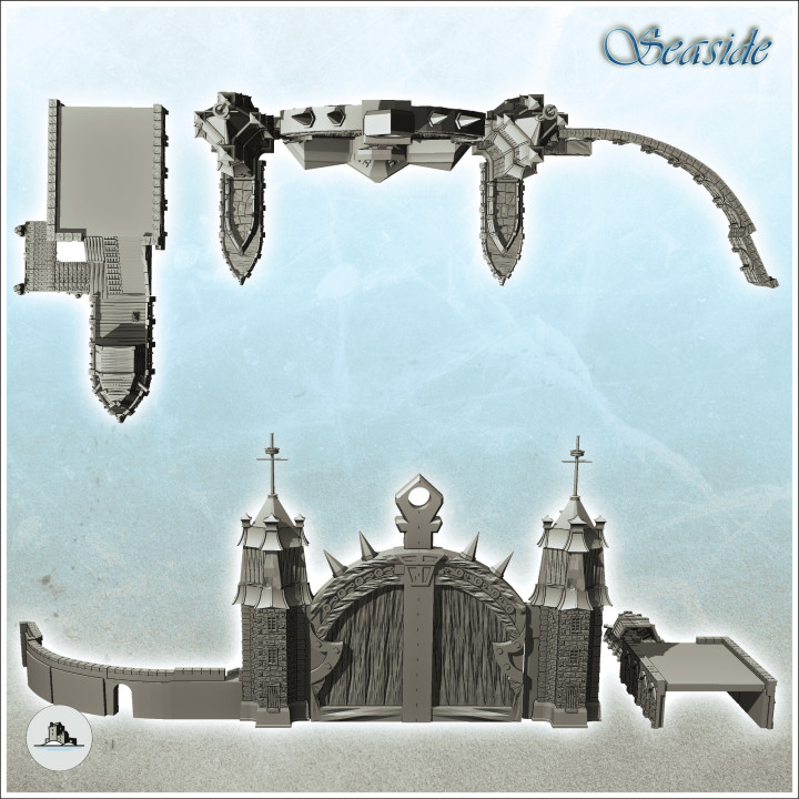 Modular medieval port entrance set with monumental gate, quays and stone walls (6) - Pirate Jungle Island Beach Piracy Caribbean Medieval Skull Renaissance image