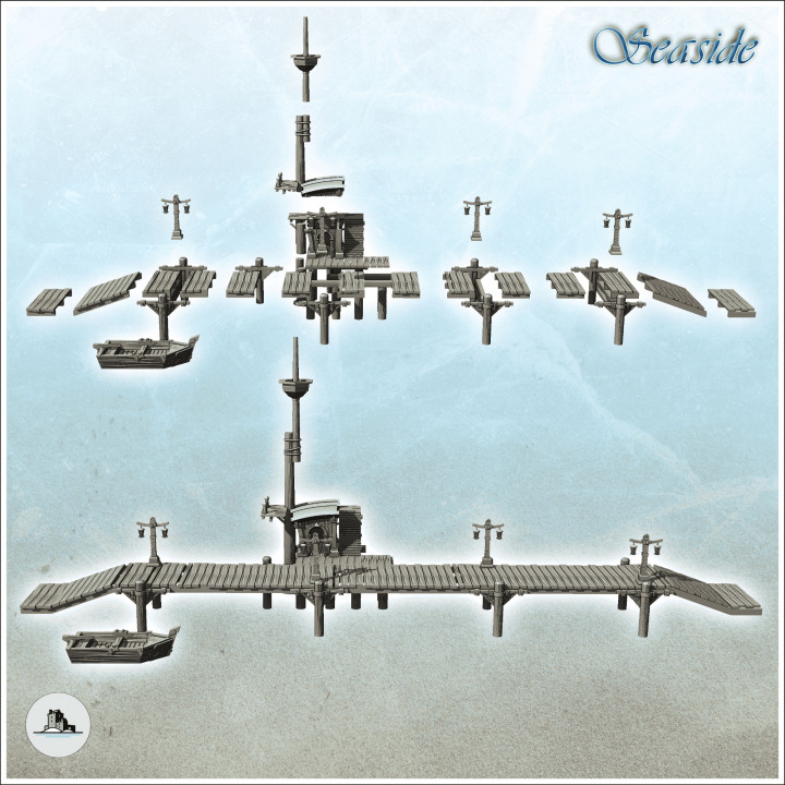 Modular set of medieval wooden pontoons with mast and boat (7) - Pirate Jungle Island Beach Piracy Caribbean Medieval Skull Renaissance
