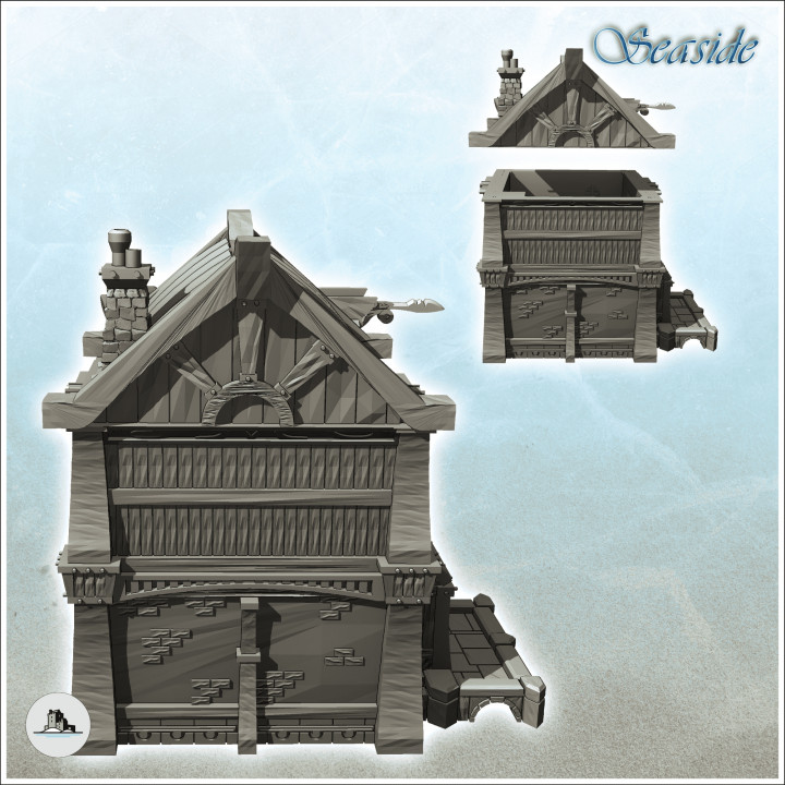 Set of two medieval wooden buildings with stone platform (8) - Pirate Jungle Island Beach Piracy Caribbean Medieval Skull Renaissance image