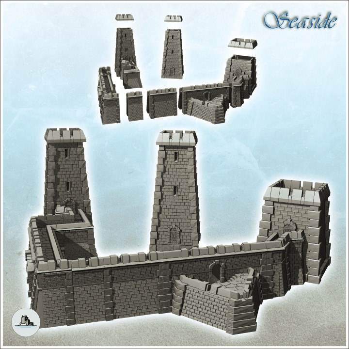 Modular set of medieval stone defensive walls and towers (12) - Pirate Jungle Island Beach Piracy Caribbean Medieval Skull Renaissance