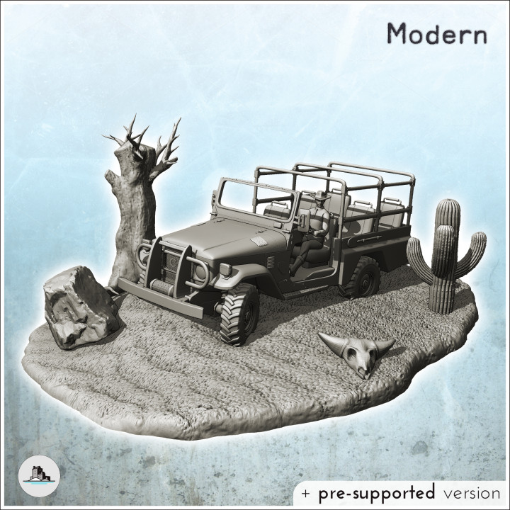 Sandy jeep with driver in desert scene with base (1) - Modern Wildlife miniatures Scenery 28mm 15mm 20mm image