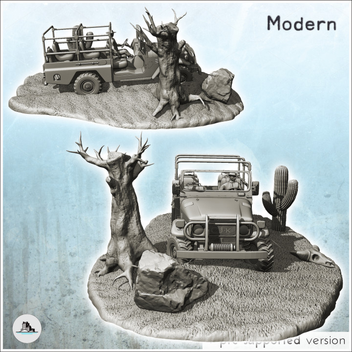 Sandy jeep with driver in desert scene with base (1) - Modern Wildlife miniatures Scenery 28mm 15mm 20mm image