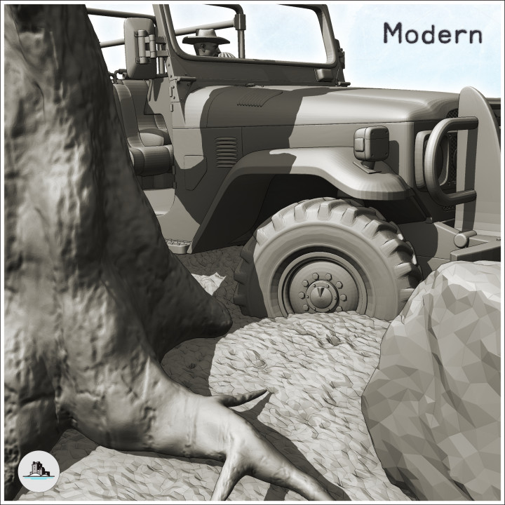 Sandy jeep with driver in desert scene with base (1) - Modern Wildlife miniatures Scenery 28mm 15mm 20mm image