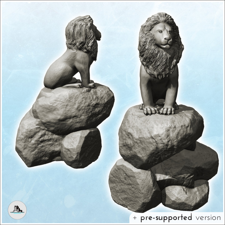 Lion with mane on rocky promontory (16) - Animal Savage Nature Circus Scuplture High-detailed image