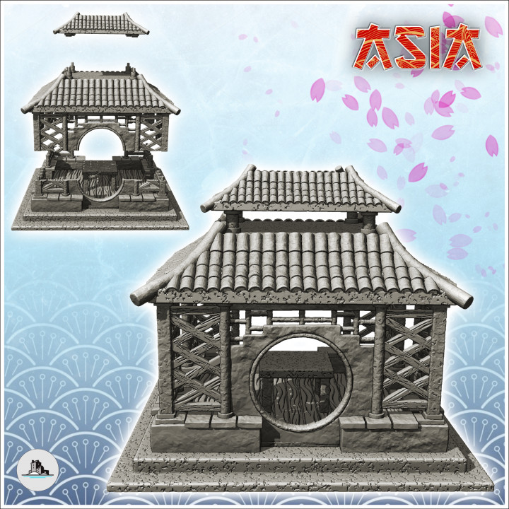 Oriental altar with round openings and curved double roof (2) - Medieval Asia Feudal Asian Traditionnal Ninja Oriental