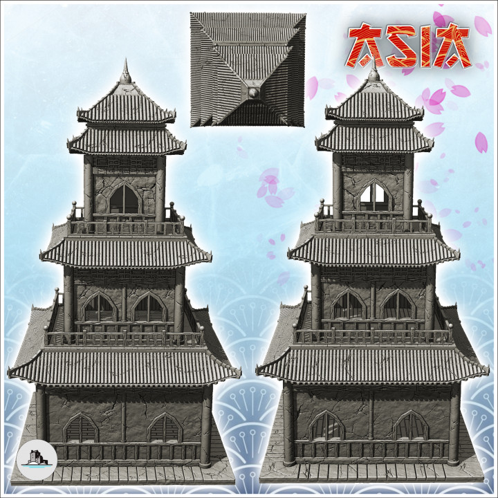 Oriental pagoda with multiple curved roofs and double terraces (4) - Medieval Asia Feudal Asian Traditionnal Ninja Oriental