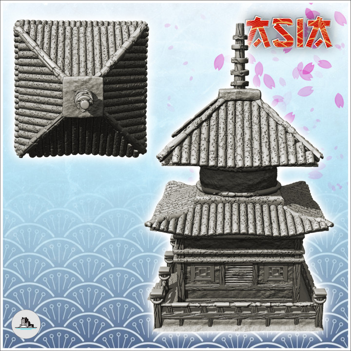 Eastern pagoda with access staircase, curved double roof and spike at the top (5) - Medieval Asia Feudal Asian Traditionnal Ninja Oriental