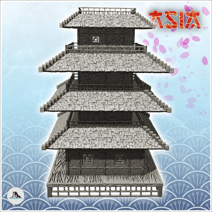 Large four-storey oriental pagoda with carved wooden platform (7) - Medieval Asia Feudal Asian Traditionnal Ninja Oriental