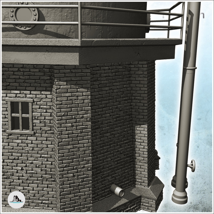 Round metal tank with pipes, access stairs and base platform in bricks (22) - Modern WW2 WW1 World War Diaroma Wargaming RPG Mini Hobby image