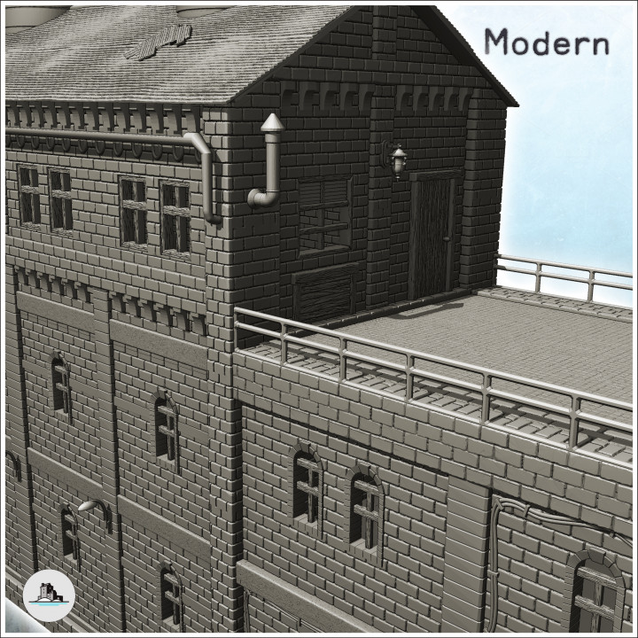 Large modern brick industrial production plant with flat roof double vats on roof (23) - Modern WW2 WW1 World War Diaroma Wargaming RPG Mini Hobby image