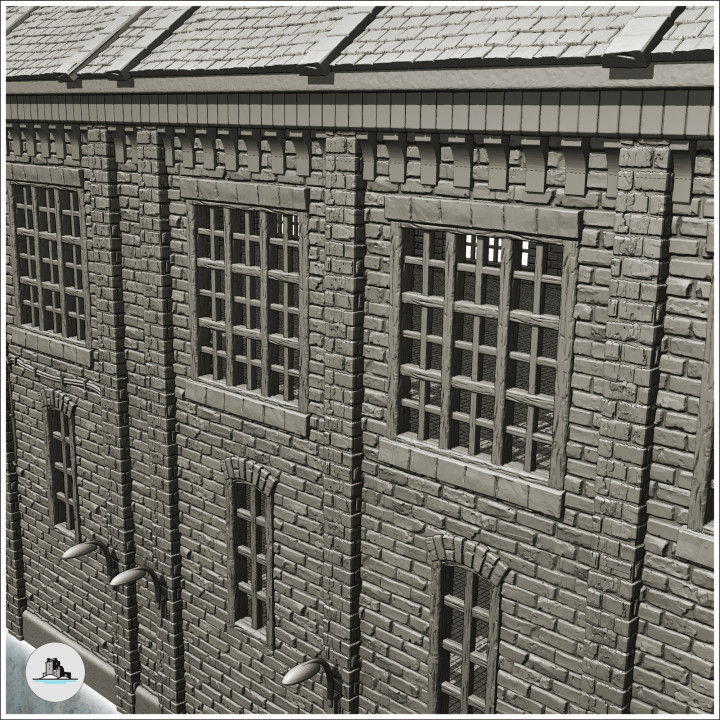 Large modern brick factory with large windows and platform access stairs (24) - Modern WW2 WW1 World War Diaroma Wargaming RPG Mini Hobby image