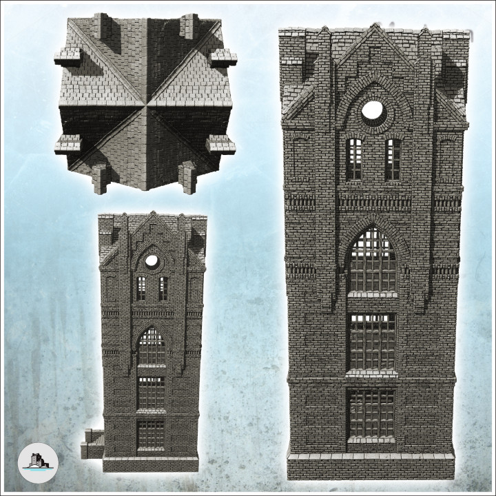 Large modern industrial brick tower with access staircase and gothic shaped windows (25) - Modern WW2 WW1 World War Diaroma Wargaming RPG Mini Hobby image