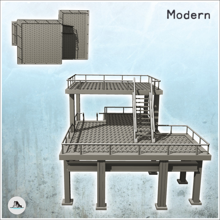 Modern Metal Industrial Platform with Floor and Stairs (32) - Modern WW2 WW1 World War Diaroma Wargaming RPG Mini Hobby image