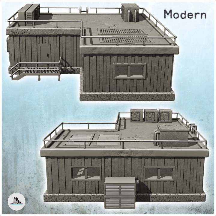 Corner Modern Industrial Prefab Dwelling with Staircase and Ventilation System (34) - Modern WW2 WW1 World War Diaroma Wargaming RPG Mini Hobby image