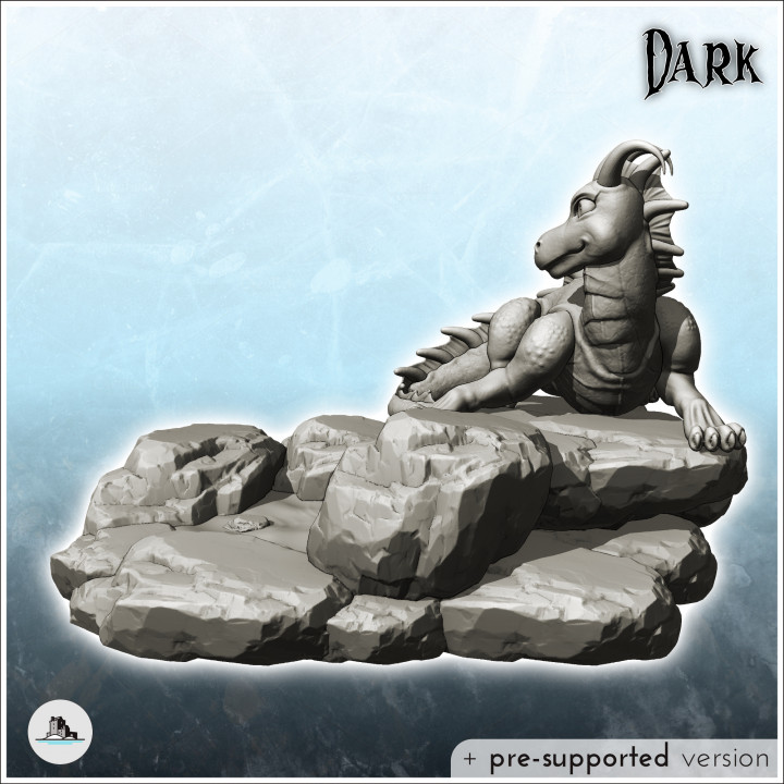 Fantasy horned dragon sitting on rocky promontory (27) - Medieval Dark Chaos Animal Beast Undead Tabletop Terrain