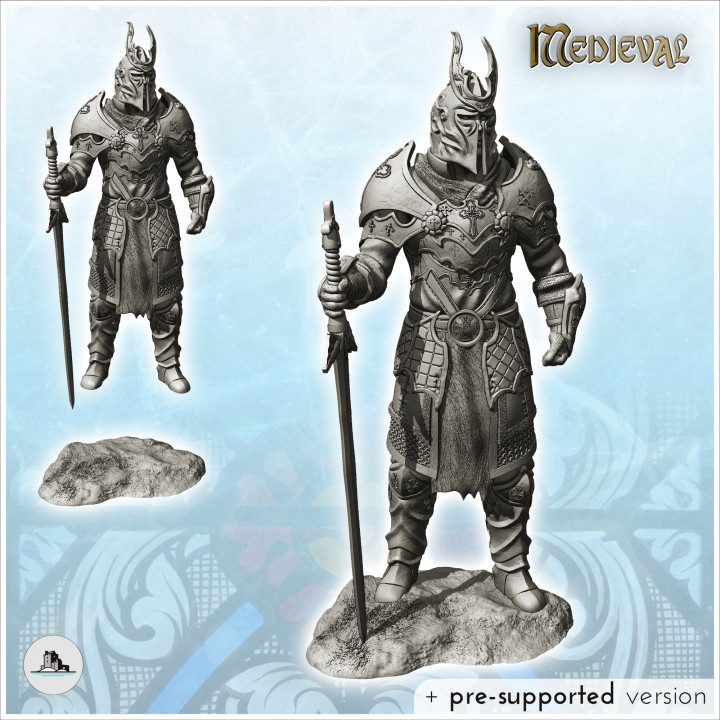 Elite warrior with two-handed sword and full plate armor (25) - Medieval RPG D&D Gothic Feudal Old Archaic Saga 28mm 15mm