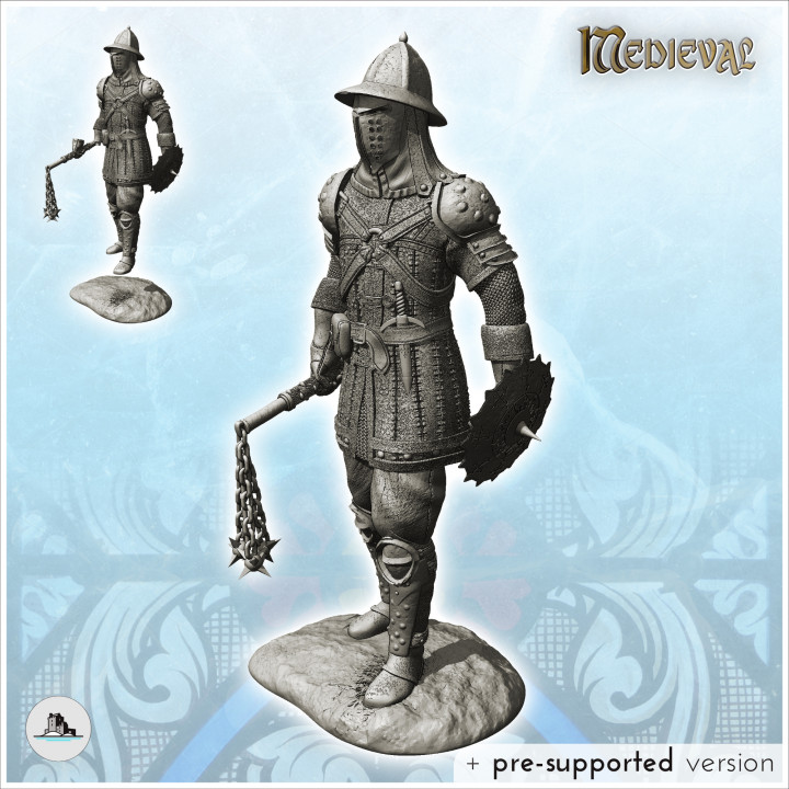 Heavy infantryman with small round shield and metal helmet (31) - Medieval RPG D&D Gothic Feudal Old Archaic Saga 28mm 15mm image