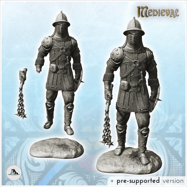 Heavy infantryman with small round shield and metal helmet (31) - Medieval RPG D&D Gothic Feudal Old Archaic Saga 28mm 15mm image